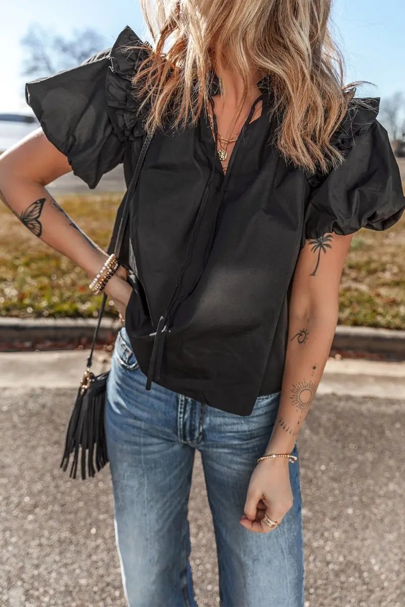 Black Ruffled Puff Short Sleeve Loose Blouse for Women - Love Salve